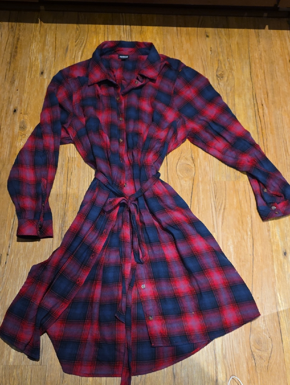 Brand Red & Navy Plaid Shirt Dress with Tie Waist
